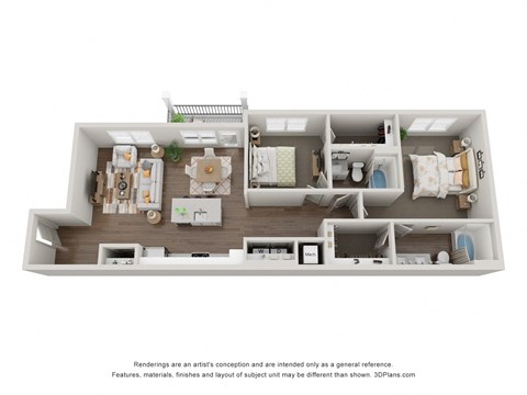 From entry is living area, closet, open-concept kitchen, dining, and balcony. Hallway with laundry closet, bathroom access, into Bedroom 1 with walk-in closet and bathroom with garden tub. Then into Bedroom 2 with dual vanity bathroom with garden tub, walk-in closet.